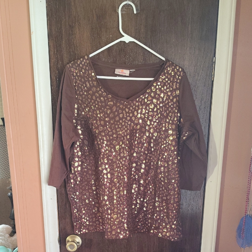 Quacker Factory Brown Top with Gold Sequins